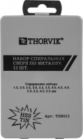 Thorvik TDBS13 Набор спиральных сверл по металлу HSS TiN в металлическом кейсе, d1.5-6.5 мм, 13 предметов