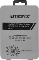 Thorvik TDBS19 Набор спиральных сверл по металлу HSS TiN в металлическом кейсе, d1.0-10.0 мм, 19 предметов