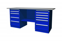 Верстак с двумя тумбами:Тумба с  2 полками, тумба с 5 ящиками .Габаритные размеры: 1900х686х845 мм.Нагрузка на изделие до 1500 кг.Нагрузка на ящик 50 кг.Возможна дополнительная комплектация верстака перфорированными панелями для размещения инструмент