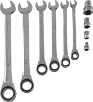 Jonnesway W45110S Набор ключей гаечных комбинированных трещоточных с аксессуарами в кейсе, 8-19 мм, 10 предметов