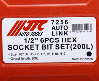 Набор головок торцевых и насадок 1/2" 6-ти гранных H5-H12 удлиненные 6 предметов в кейсе JTC